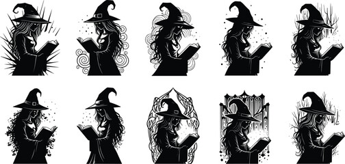 Silhouette of witch reading a magic book, mystical woman in hat performing spell, gothic fantasy vector illustration collection.