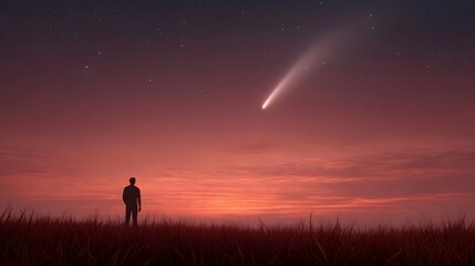 A solitary figure gazes at a bright comet streaking across a crimson twilight sky above a silhouetted grassy field