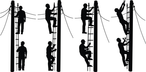 Silhouette of electrical linemen climbing utility poles with ladders and wires, power line worker vector illustration for energy and safety concept.
