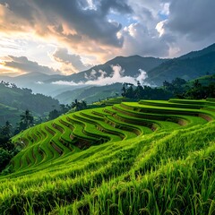 Lush terraced rice paddies at sunset (2)