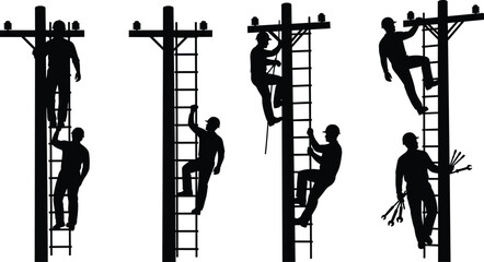 Electric lineman silhouette set climbing utility poles with ladders and tools, electrical worker vector illustration for safety, industry, and construction.
