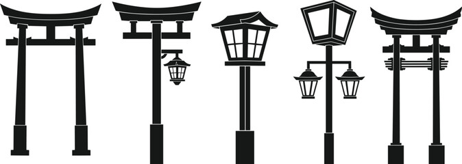 Japanese torii gate and lantern silhouette collection, traditional architecture vector set for design, culture illustration, and Asian temple art.