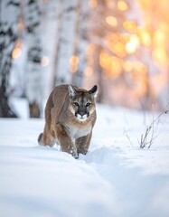 Naklejka premium A large cat predator, the color of sand and buff, walks through fresh snow in a wintry forest with a blurred golden background