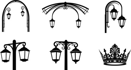 Dual lantern street lamp silhouettes with ornate arches and crown detail, decorative urban lighting vector set for architecture and city design