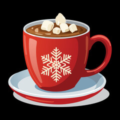 Steaming hot chocolate in a red ceramic cup with fluffy marshmallows and snowflake art resting on a matching saucer - Vector Illustration