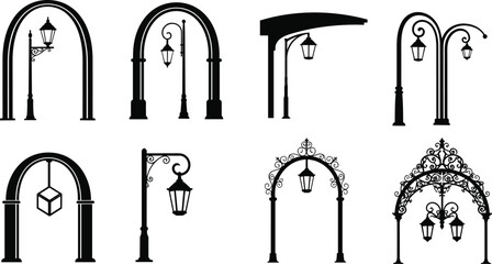Ornate street lamp and archway silhouettes, decorative urban lighting vector set for architecture, city infrastructure, signage, and outdoor design themes
