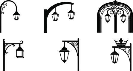 Vintage street lamp silhouettes with ornate posts and scrollwork, decorative urban lighting vector set for architecture, signage, and city design
