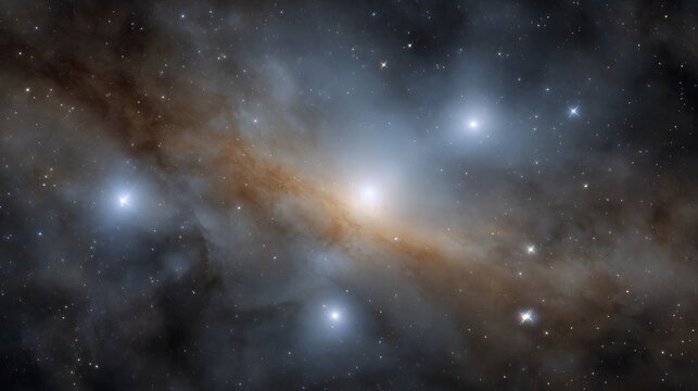 A vibrant celestial cluster with swirling cosmic dust and luminous stars set against a backdrop of gas clouds in deep space