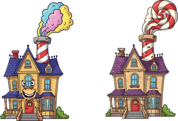 Whimsical candy houses with colorful smoke, vector illustration of cheerful and surreal gingerbread homes with expressive and festive features