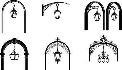 Vintage hanging lantern silhouettes on ornate brackets, decorative street lamp vector set for urban design, architecture, signage, and lighting themes