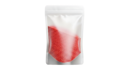 A transparent resealable pouch containing red granular contents on a white background