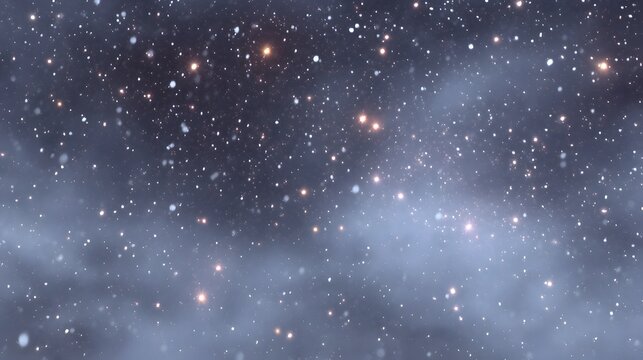 A serene night sky filled with dense stars faint nebulas and falling snow particles