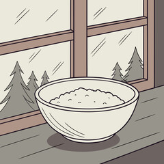 Bowl of porridge on a windowsill with a winter scene in the background