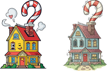 Whimsical candy houses with expressive faces, vector illustration of cheerful and cozy gingerbread homes for festive or symbolic design