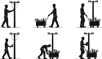 Silhouettes of utility worker with tool cart, vector illustration of electrical pole maintenance and repair workflow in field service scenes