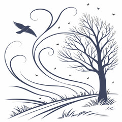 Obraz premium Windy landscape with bare tree, bird and swirling lines