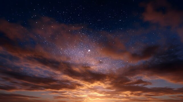 A dramatic twilight sky filled with countless stars and glowing clouds illuminated by warm sunrise light