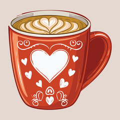 Warm Latte or Hot Chocolate in a Red Mug with Heart-Shaped Latte Art Foam Design for Valentines Day - Vector Illustration