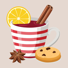 Mulled Wine or Hot Cider Served in a Striped Mug with Lemon Slice, Cinnamon Stick, and Cookies - Vector Illustration