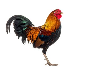 Fototapeta premium A rooster stands proudly, feathers displaying gradient colors on a white backdrop