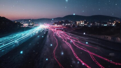 Blurry highway at twilight, streaked with vibrant light trails, subtle snowfall