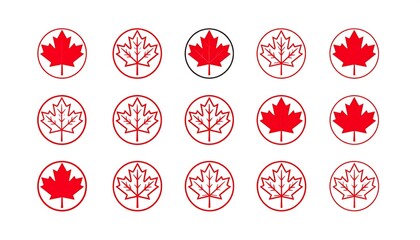 A group of red maple leaf icons in circles, some outlined, some solid, against a plain white background