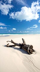 A serene tropical beach scene, featuring driftwood on white sand. Blue sky filled with fluffy clouds. Ocean waves crash in background