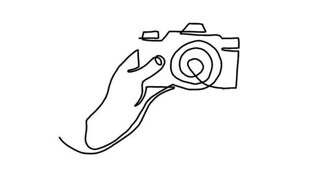 Continue line animation of hand holding the camera
