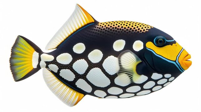 A clown triggerfish with bold spotted markings, isolated on a white background