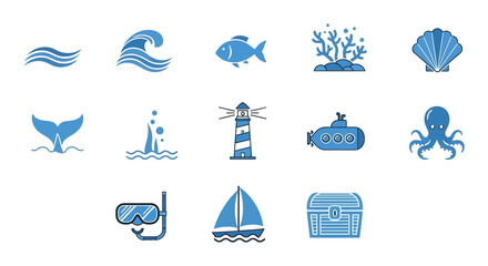 Ocean themed vector icons set featuring sea life waves lighthouse and nautical elements design illustration