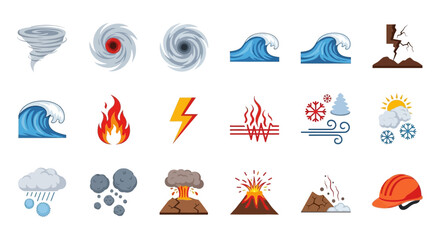 Natural disaster icons set vector illustration of hurricane tornado earthquake fire hazard safety