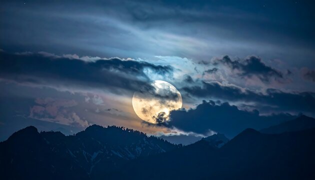 A luminous full moon emerges through dramatic, dark clouds above a silhouetted mountain range at twilight. The scene is captivating