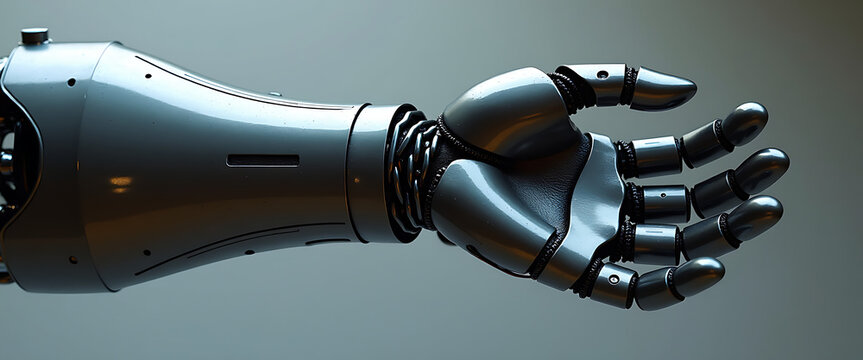 Close-up of a sleek, gray bionic arm with detailed joints and modern robotic aesthetic