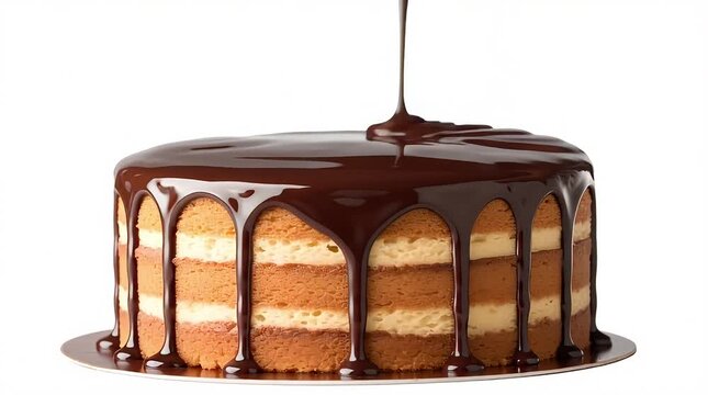 A rich chocolate ganache being poured over a multi-layered cake, mid-pour capture showing the glossy liquid cascading down the sides