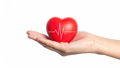Obraz premium Heart in palm, ECG line. Pure white background. Isolated