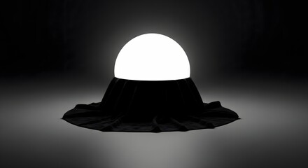 White glowing dome or hemisphere resting on a circular base of draped black velvet cloth on a dark studio surface.