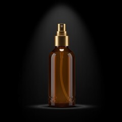 Amber oil spray bottle mockup, luxury cosmetic branding concept, isolated dark background