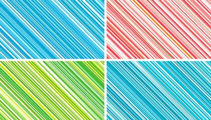 A quartet of diagonally striped patterns in vibrant blue, green and red hues with white accents
