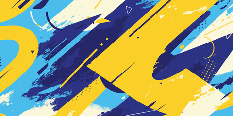 抽象的な幾何学模様の背景、青と黄色のアートデザイン、ダイナミックなブラシストロークと線