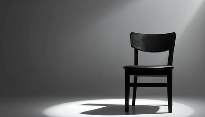 A solitary black wooden chair stands centered within a softly lit spotlight against a grey backdrop. Minimalism and drama combine