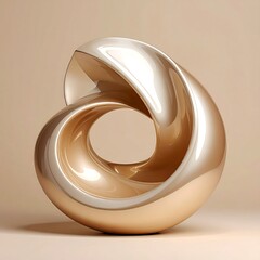 A smooth, abstract sculpture with a polished, golden-beige sheen sits before a soft, tan backdrop. The shape is a twisting loop