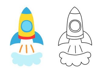 Hand drawn rocket set isolated on a white background. Linear and colored vector illustration, icon. Cosmos theme. Childish drawing of spaceship.