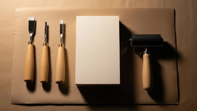 Printmaking tools on brown surface overhead view