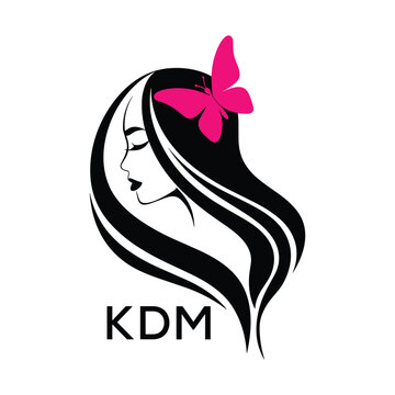 KDM Elegant Woman Hair Logo with Butterfly. KDM Beauty Salon, Hairdresser & Feminine Brand Identity KDM Modern Beauty Design.
