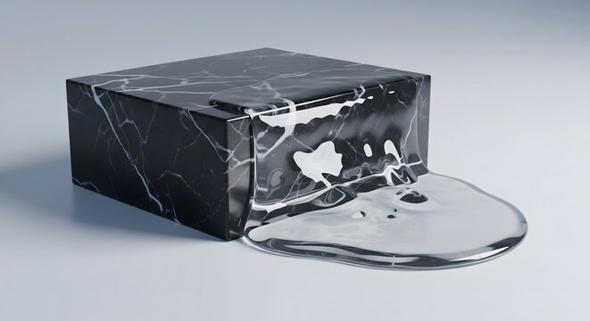 Black marble cuboid with white veining appears to be partially melting into a clear, reflective liquid on a light surface.