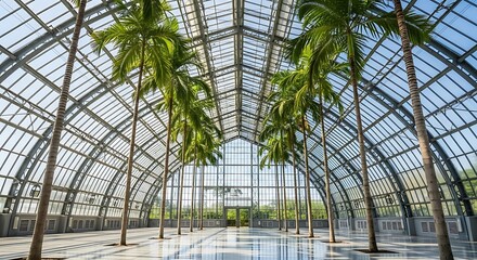 Stunning Arched Glass Conservatory Interior with Tall Palm Trees and Bright Natural Light