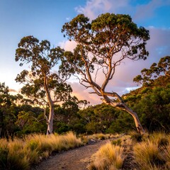 Lush trees line a path at sunset