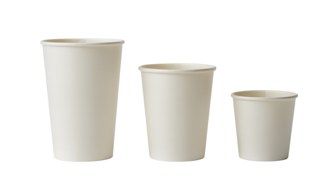Set of three different sized blank disposable paper coffee cups on transparent background in high angle view for eco friendly packaging design