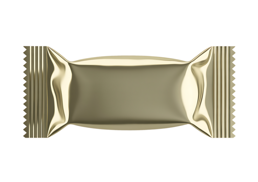 Shiny golden foil packaging design for snacks or candy mockup, blank flexible food package template for branding, isolated on transparent background