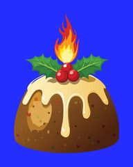 Traditional Christmas Pudding with Holly Berries, Green Leaves, and a Bright Burning Fire Topping Dessert - Vector Illustration